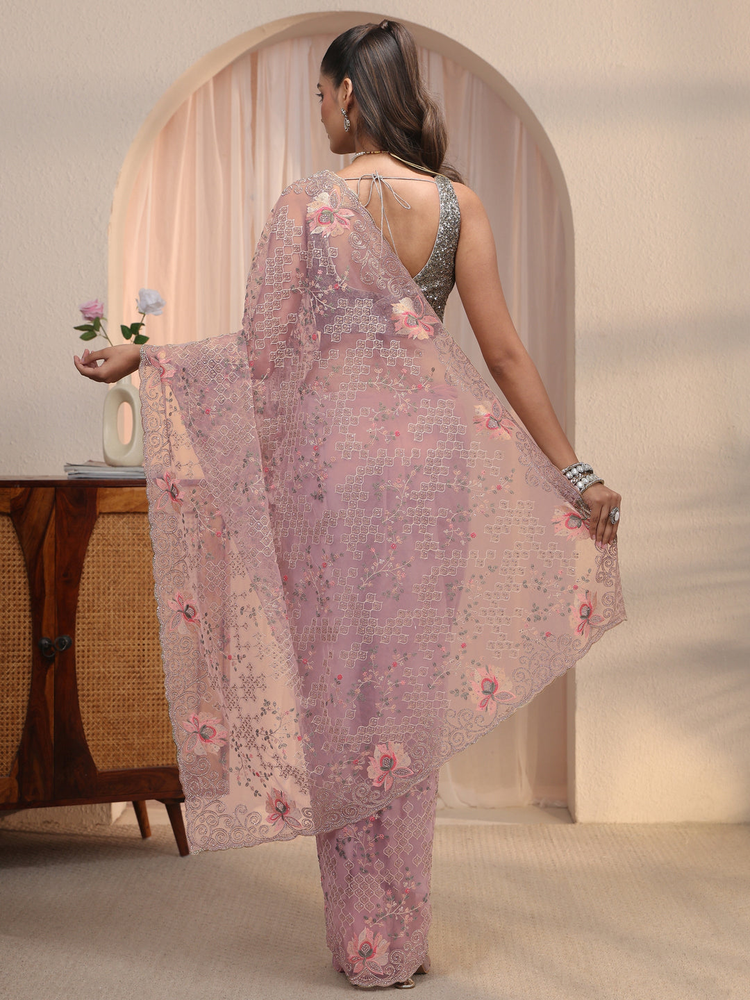  Libas Art Lavender Floral Embroidered Stone Work Net Saree 