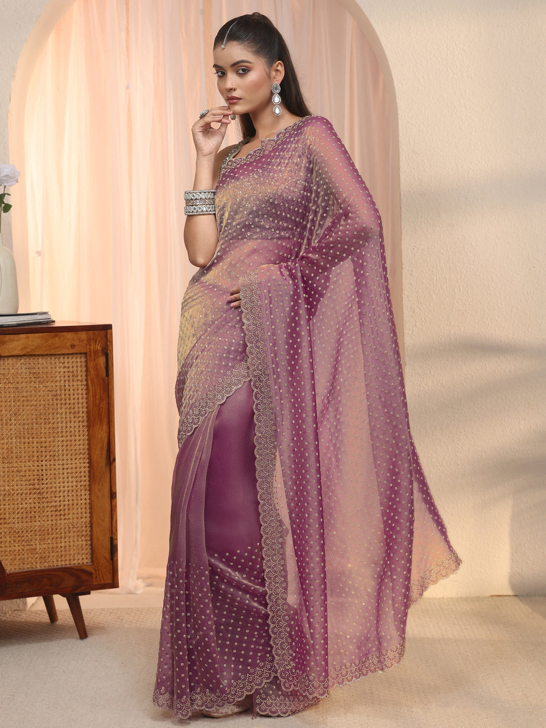  Libas Purple Stone Work Embellished Tissue Saree with Scalloped Border 