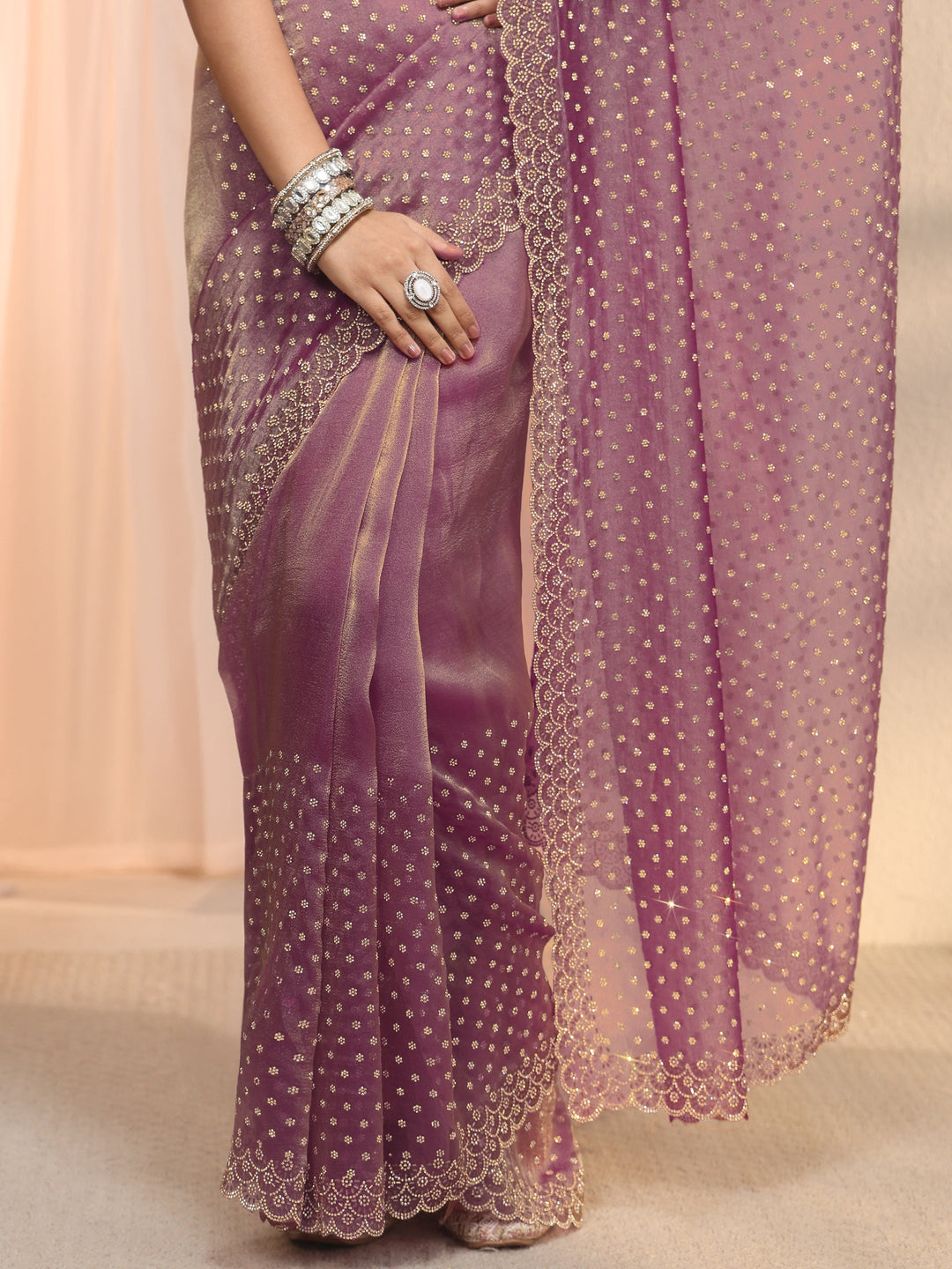  Libas Purple Stone Work Embellished Tissue Saree with Scalloped Border 