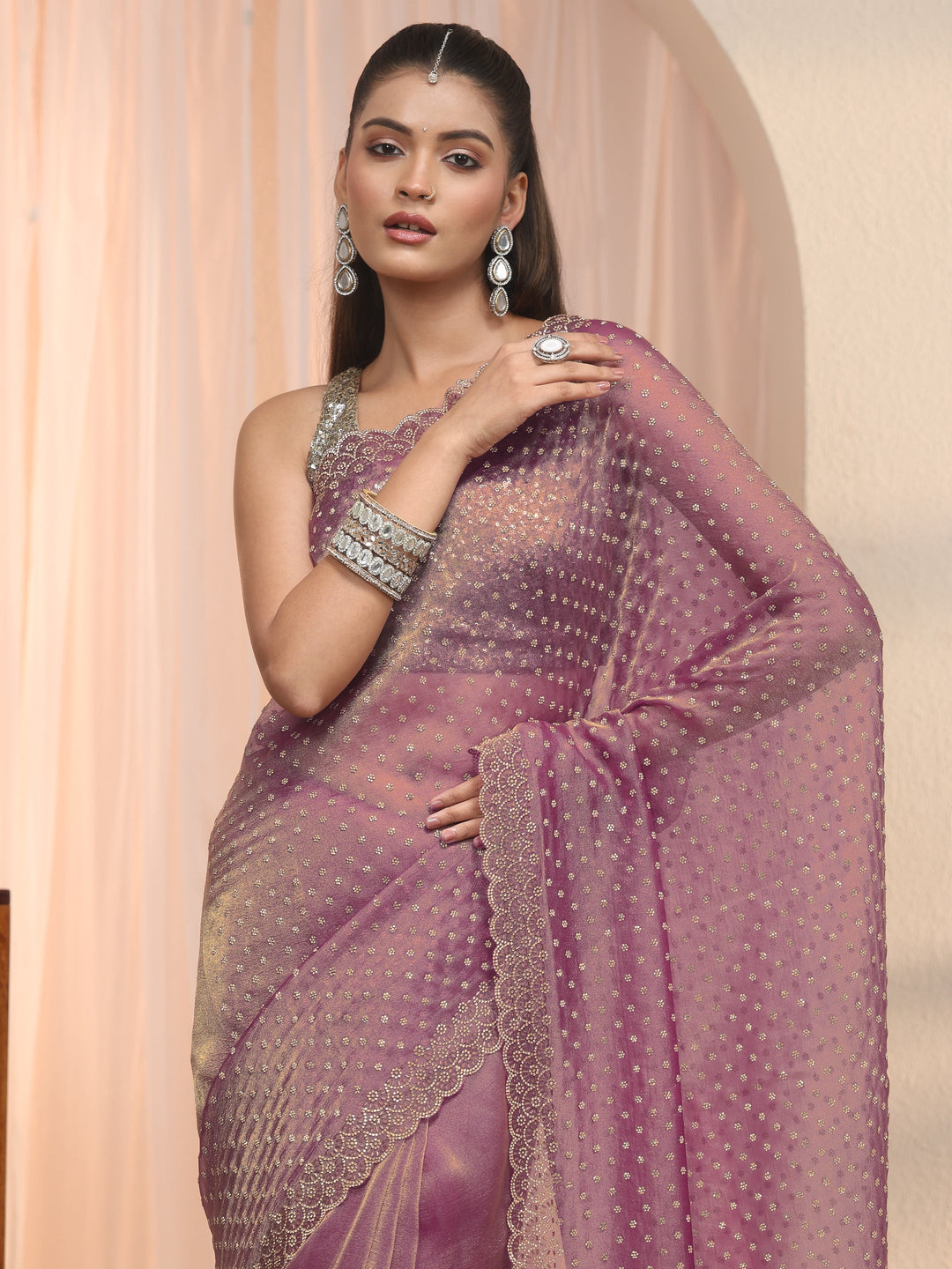  Libas Purple Stone Work Embellished Tissue Saree with Scalloped Border 
