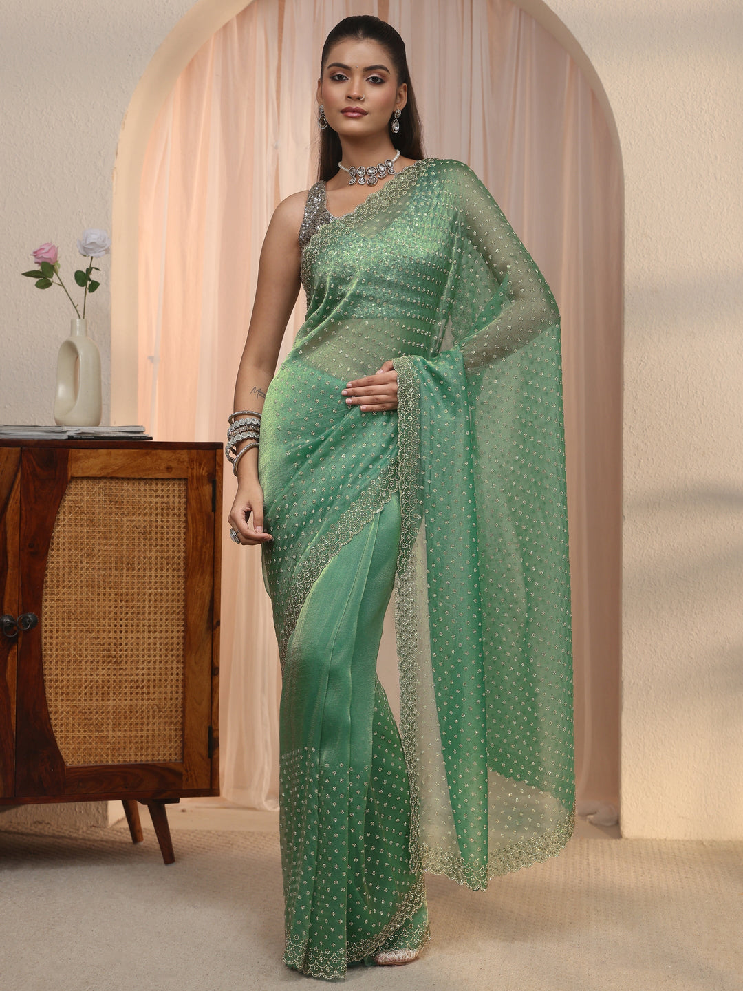  Libas Green Stone Work Embellished Tissue Saree with Scalloped Border 
