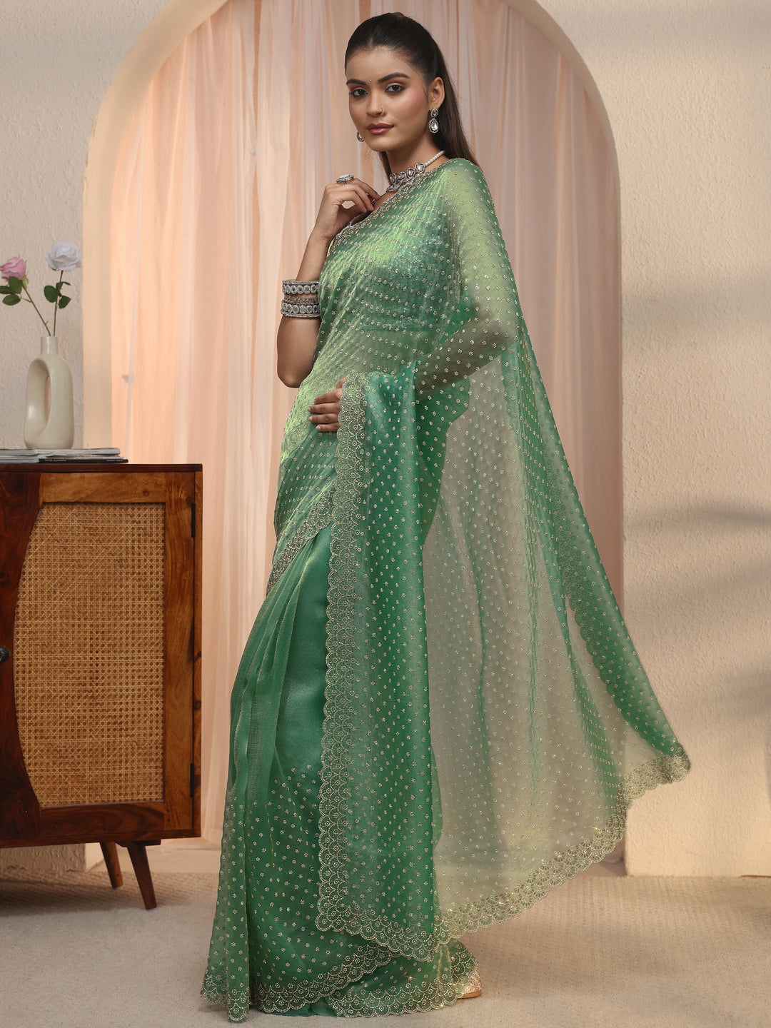  Libas Green Stone Work Embellished Tissue Saree with Scalloped Border 