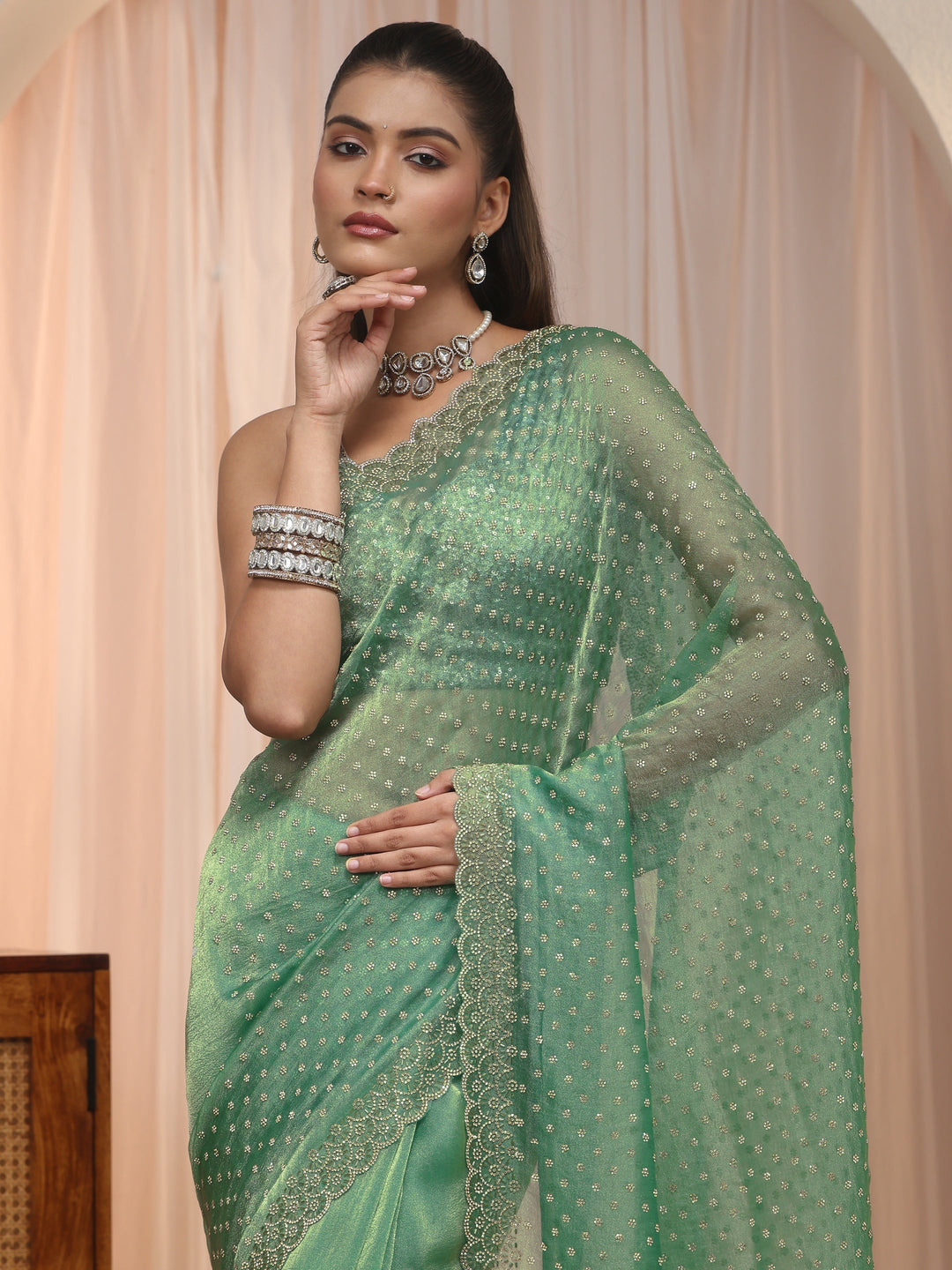  Libas Green Stone Work Embellished Tissue Saree with Scalloped Border 