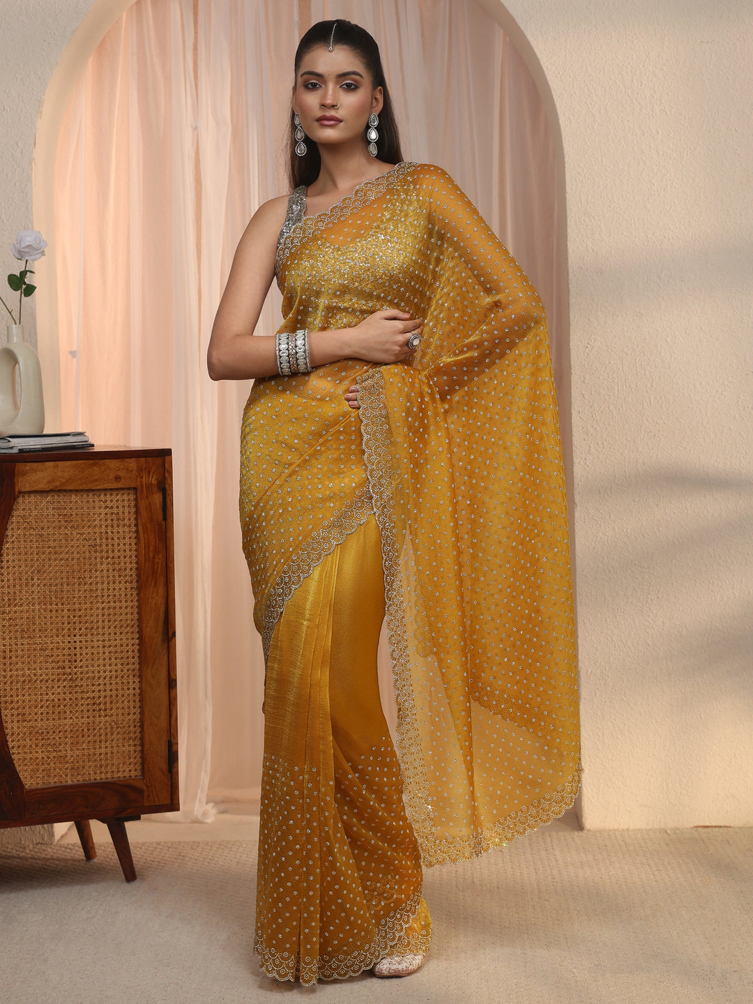  Libas Mustard Stone Work Embellished Tissue Saree with Scalloped Border 
