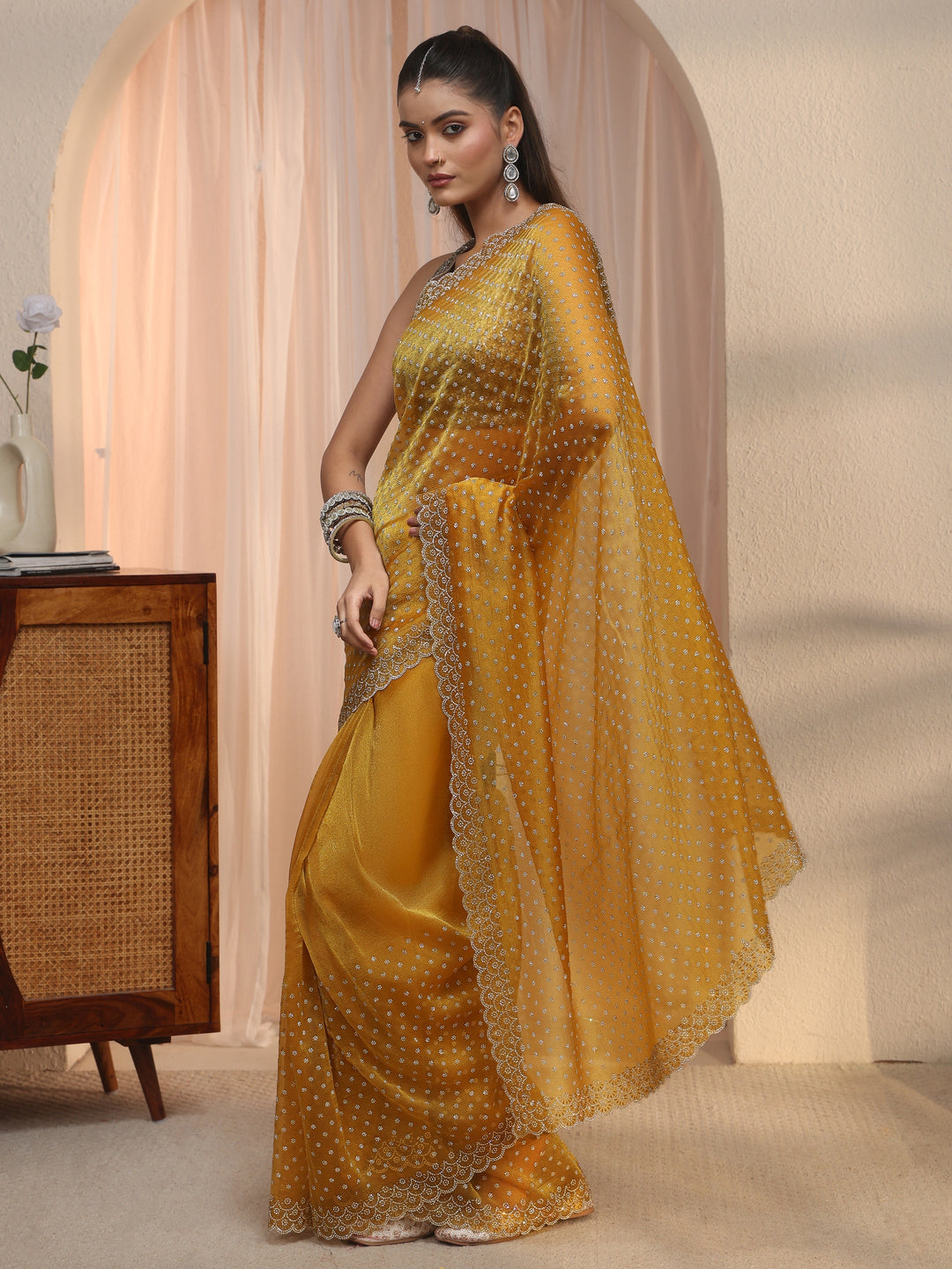  Libas Mustard Stone Work Embellished Tissue Saree with Scalloped Border 