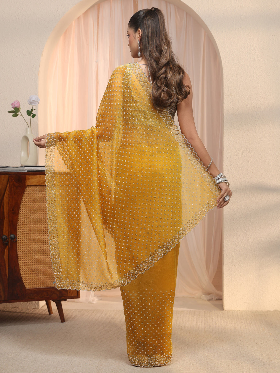  Libas Mustard Stone Work Embellished Tissue Saree with Scalloped Border 