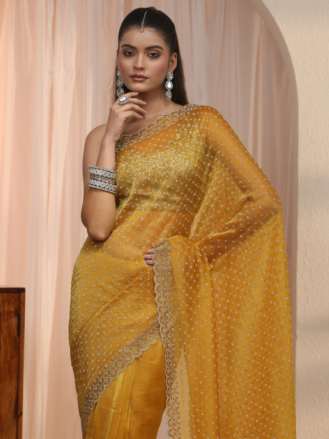  Libas Mustard Stone Work Embellished Tissue Saree with Scalloped Border 