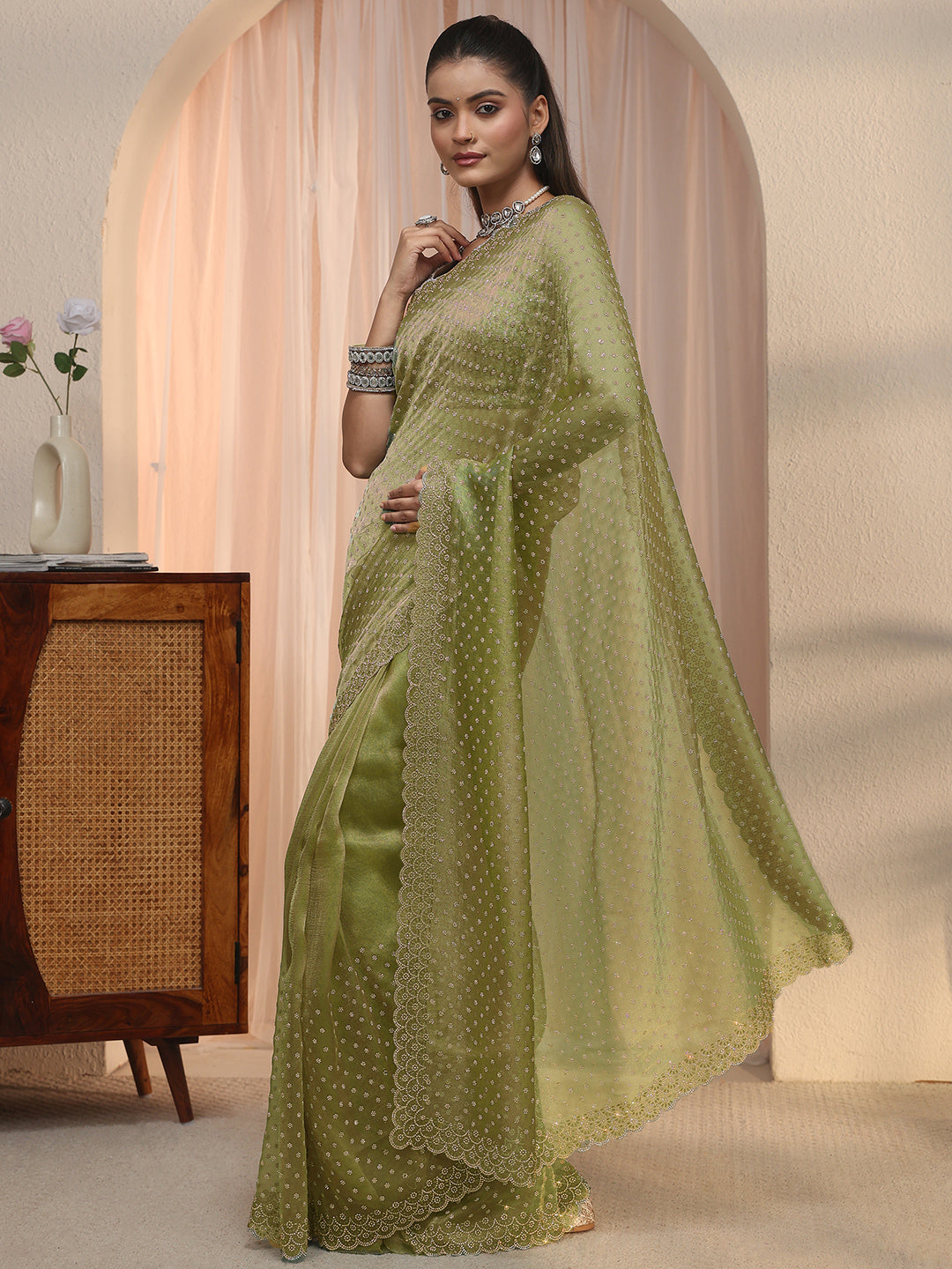  Libas Green Embellished Tissue Saree with Scalloped Border 
