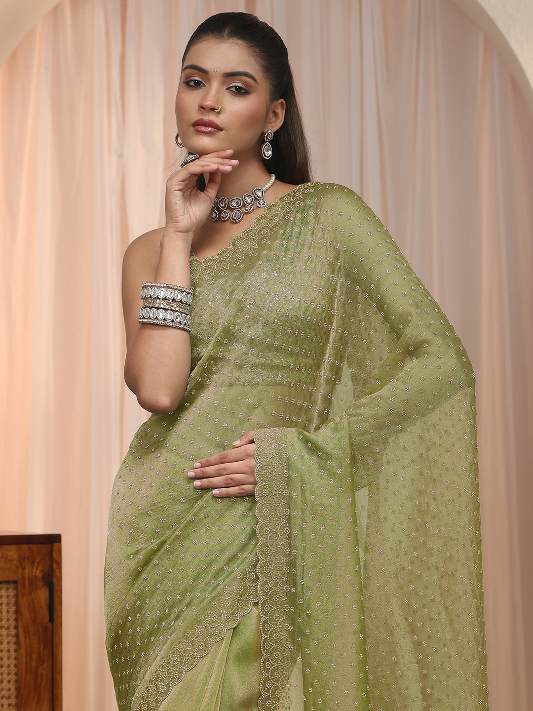 Libas Green Embellished Tissue Saree with Scalloped Border 