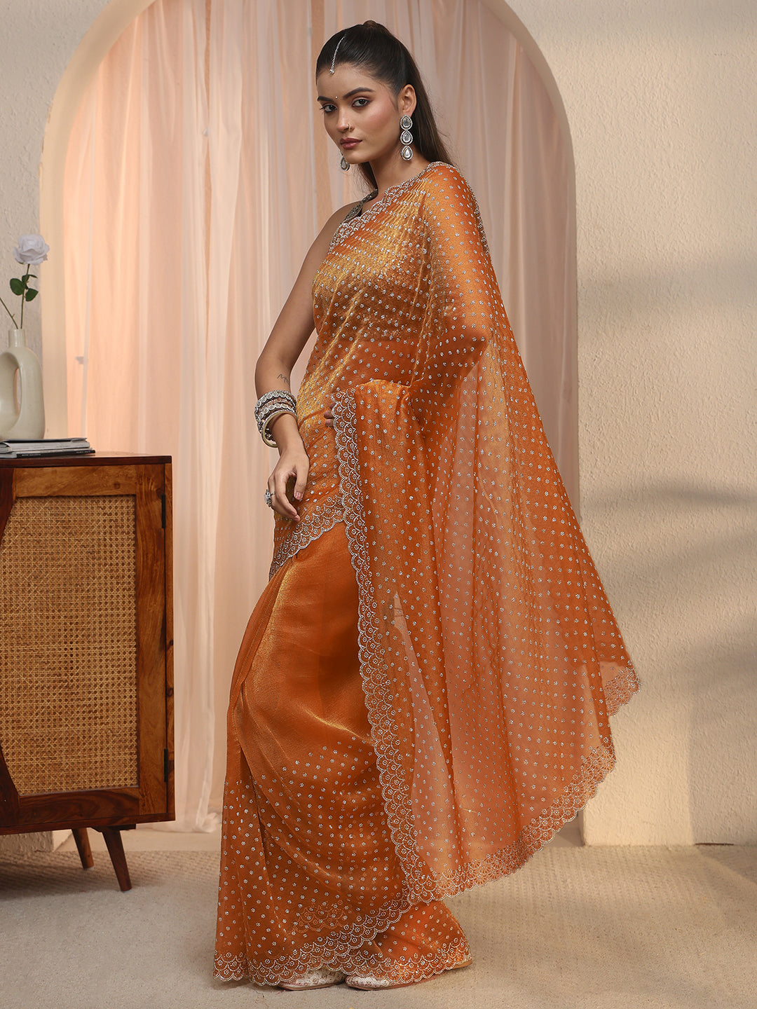  Libas Orange Embellished Tissue Saree with Scalloped Border 