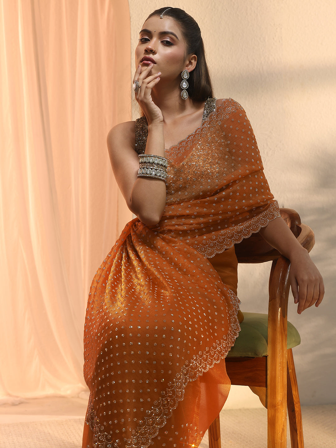  Libas Orange Embellished Tissue Saree with Scalloped Border 