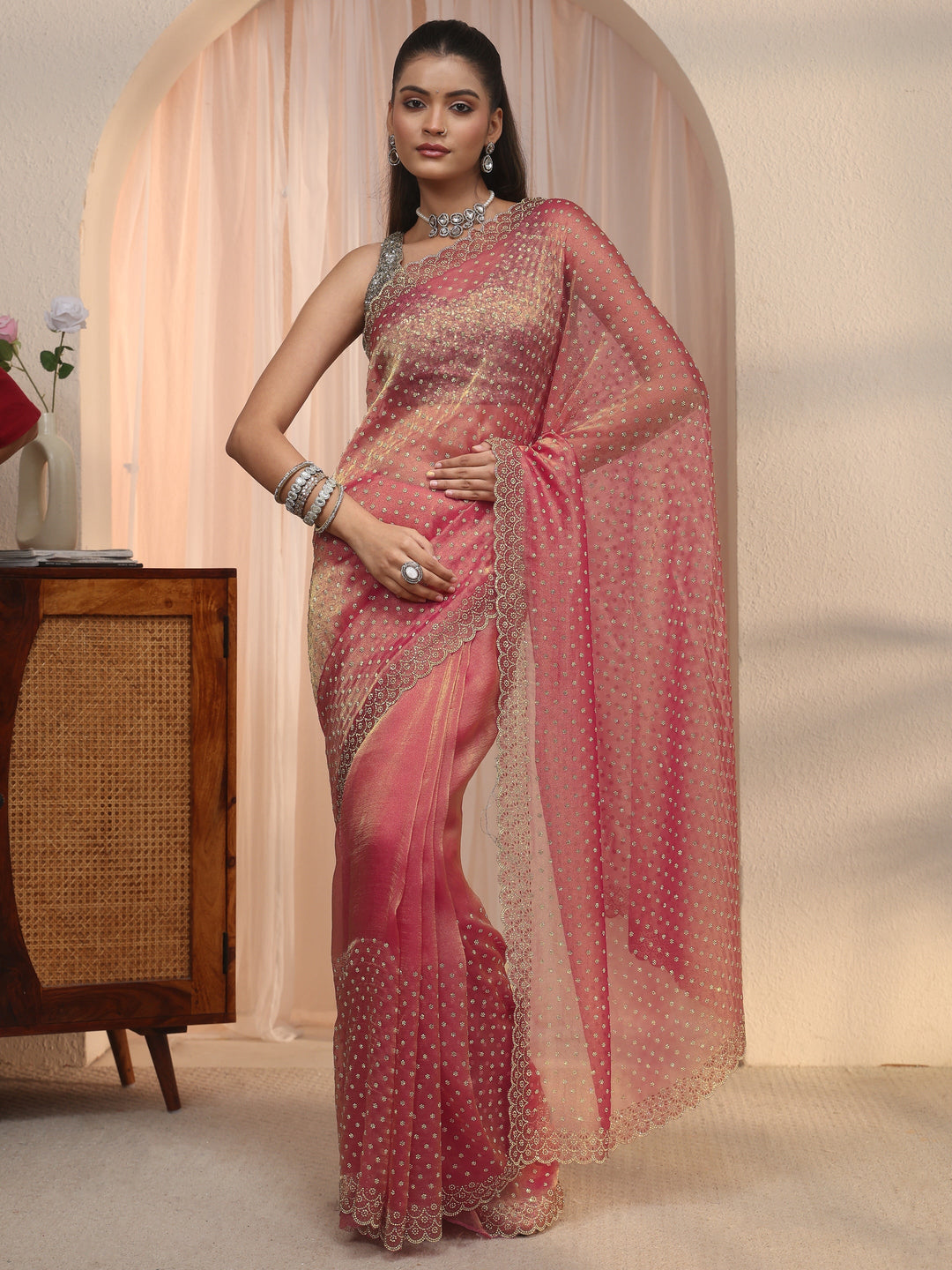  Libas Pink Stone Work Embellished Tissue Saree with Scalloped Border 