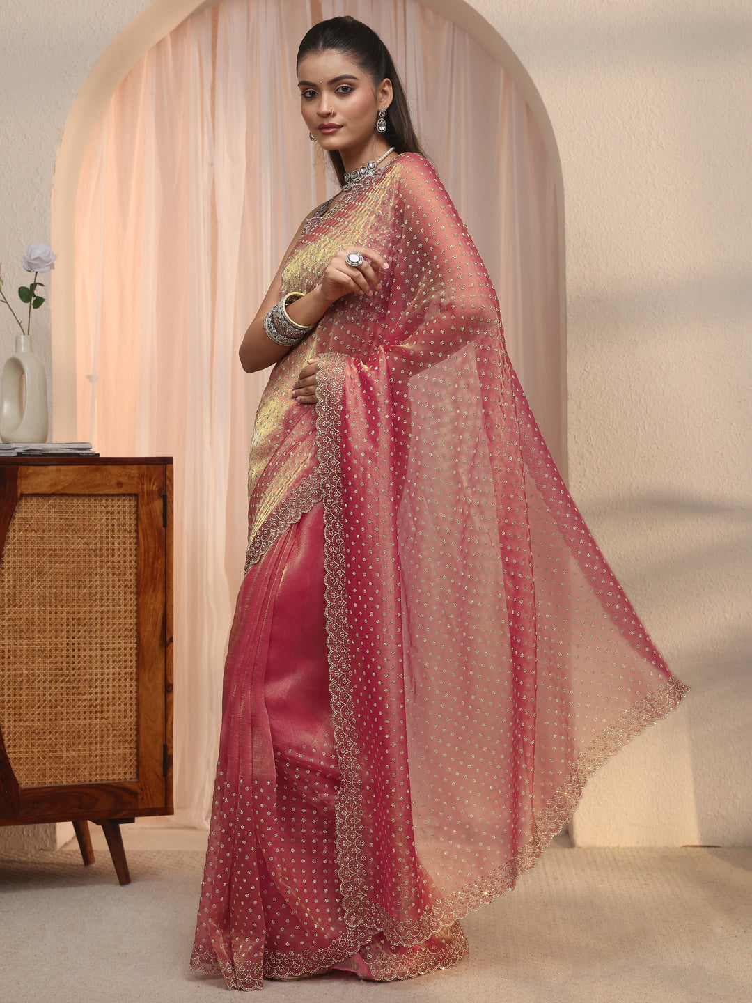  Libas Pink Stone Work Embellished Tissue Saree with Scalloped Border 
