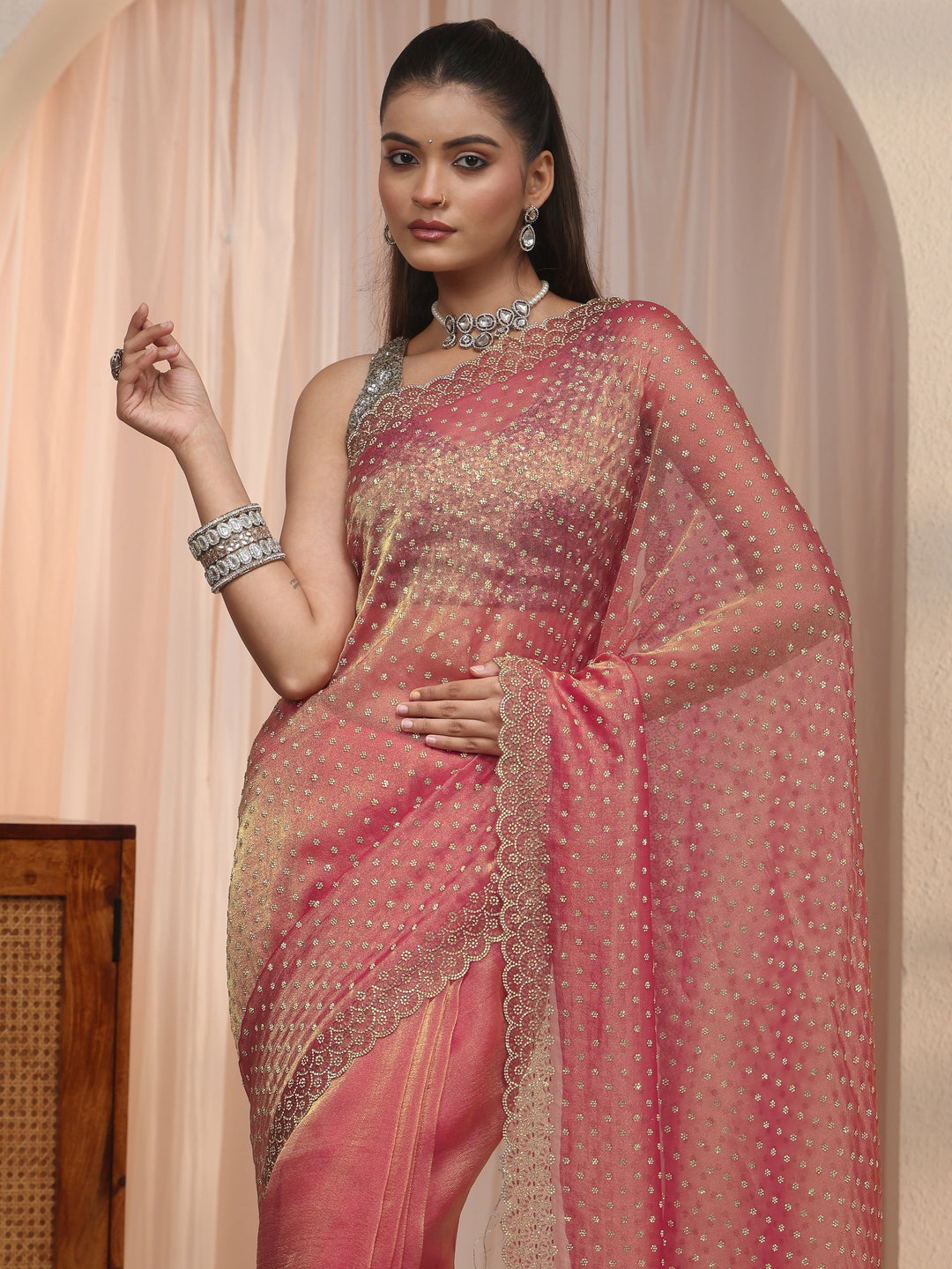  Libas Pink Stone Work Embellished Tissue Saree with Scalloped Border 