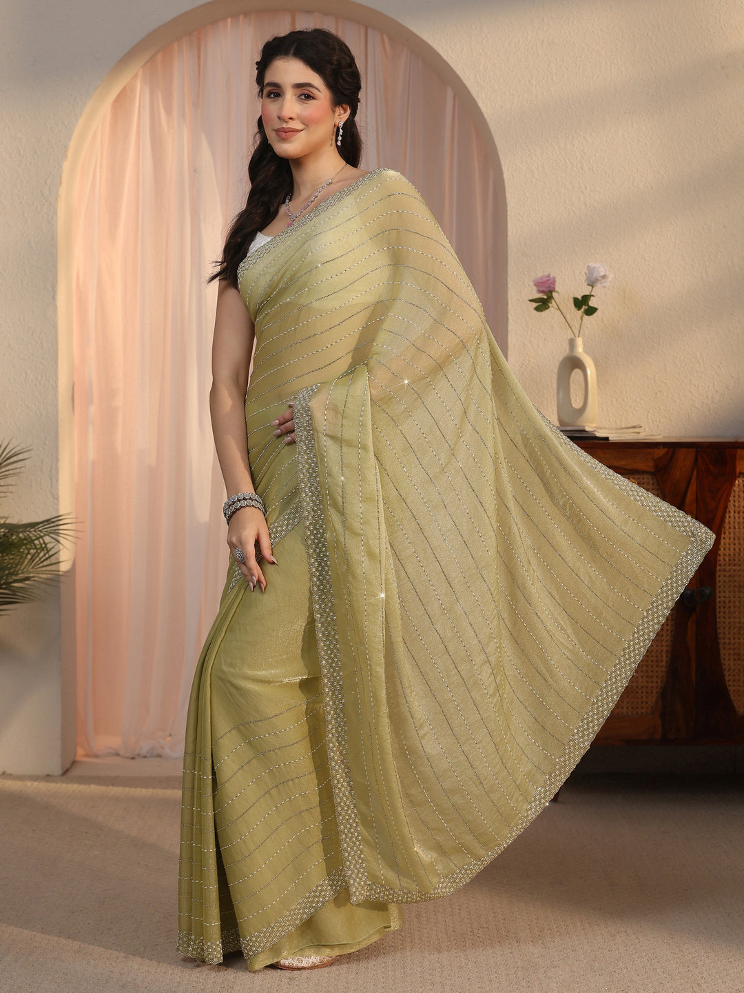  Libas Pista Green Embellished Tissue Saree 
