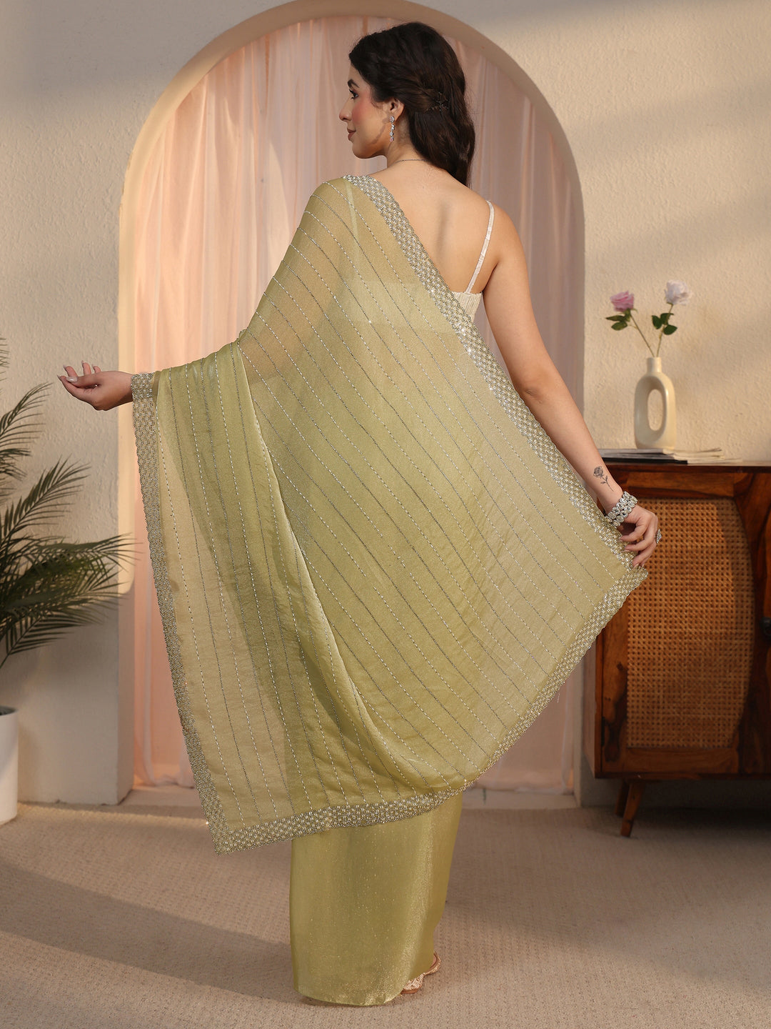  Libas Pista Green Embellished Tissue Saree 