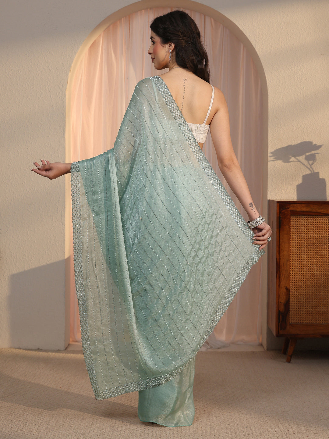  Libas Powder Blue Embellished Tissue Saree 