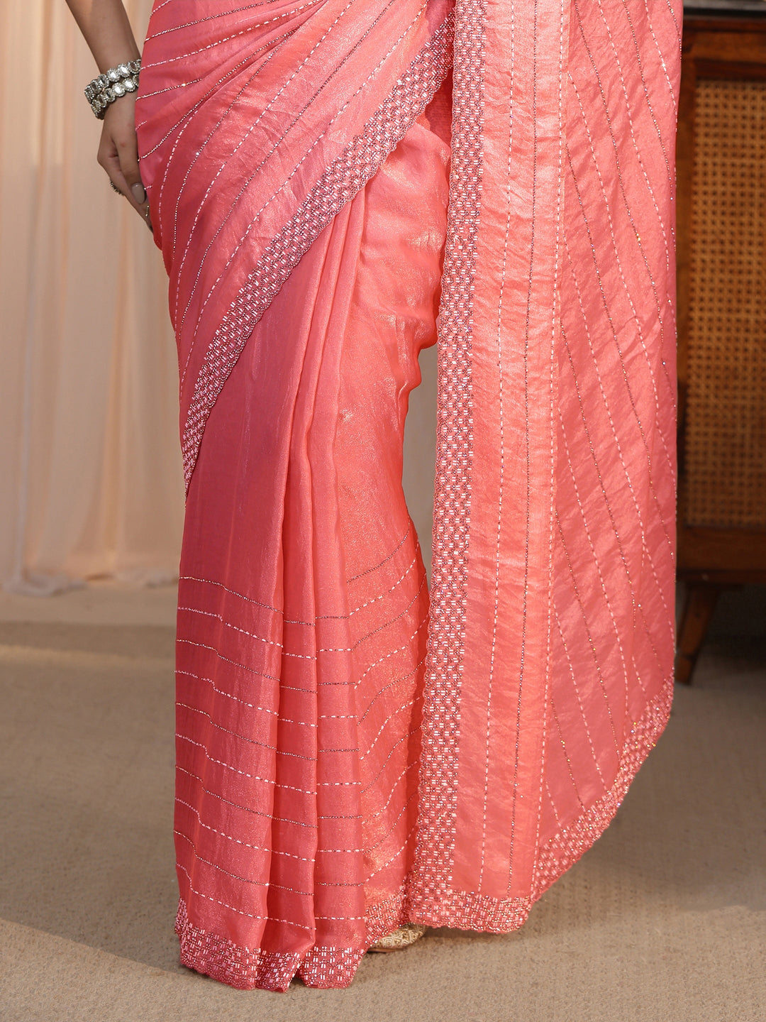  Libas Coral Pink Embellished Tissue Saree 