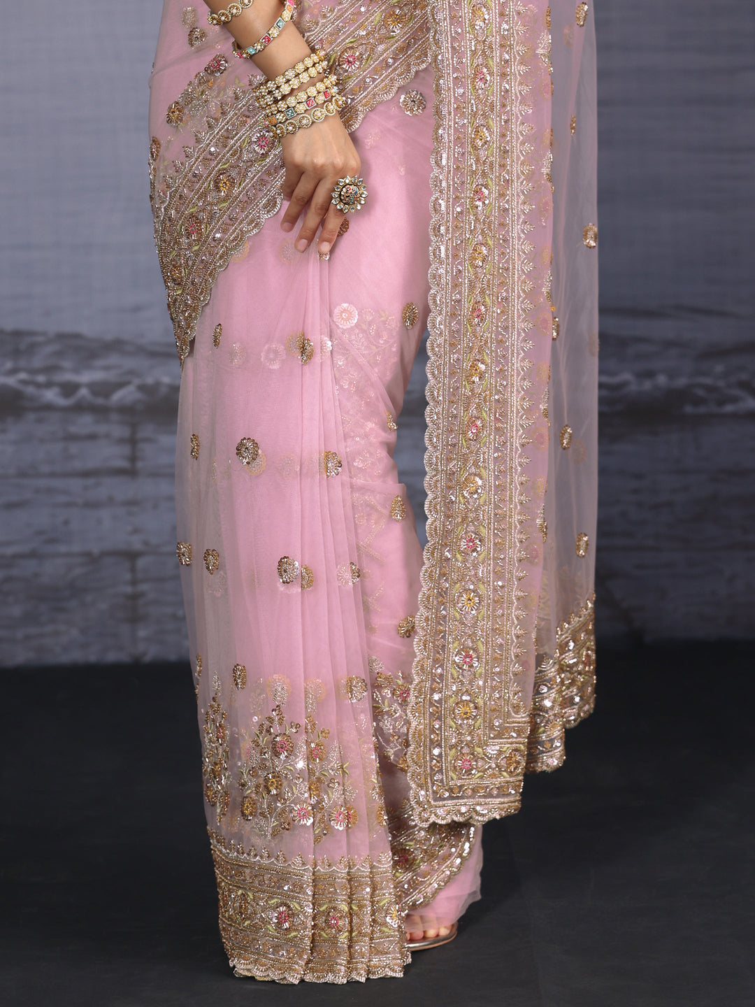  Libas Art Pink Floral Embellished Net Saree with Scalloped Border 