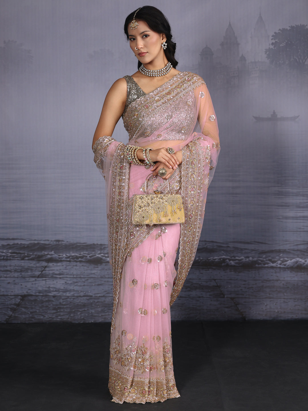  Libas Art Pink Floral Embellished Net Saree with Scalloped Border 