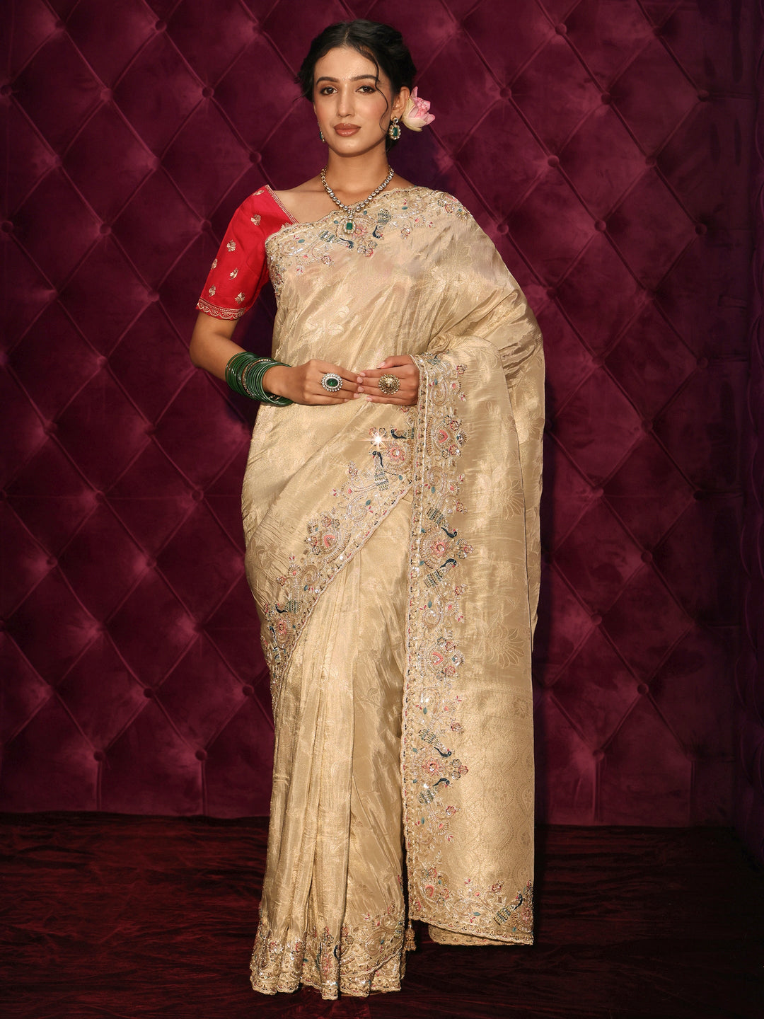  Libas Art Golden Woven Design Silk Blend Saree with Embroidered Border 