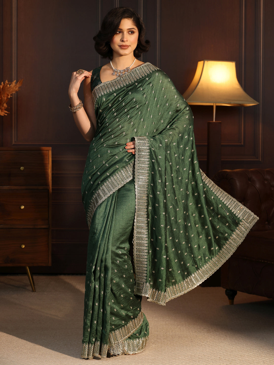  Libas Jungle Green Embellished Silk Blend Saree 