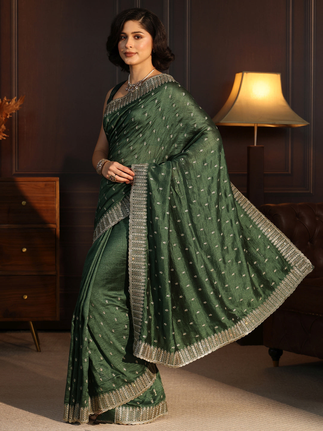 Libas Jungle Green Embellished Silk Blend Saree 