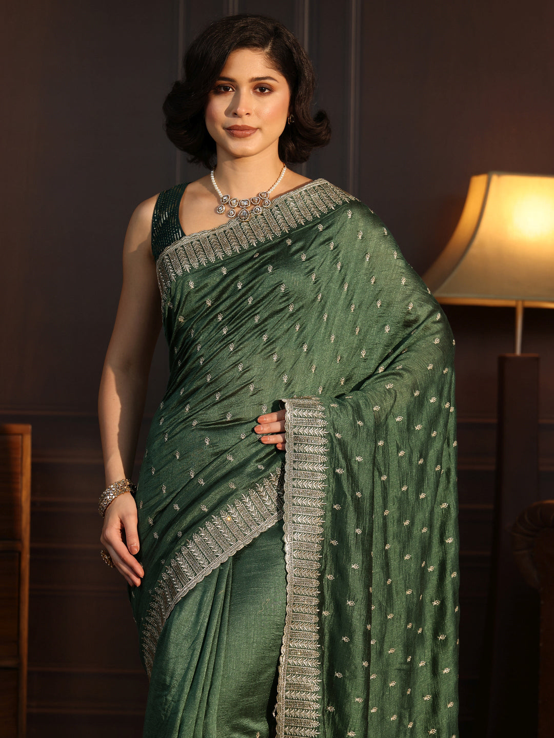  Libas Jungle Green Embellished Silk Blend Saree 