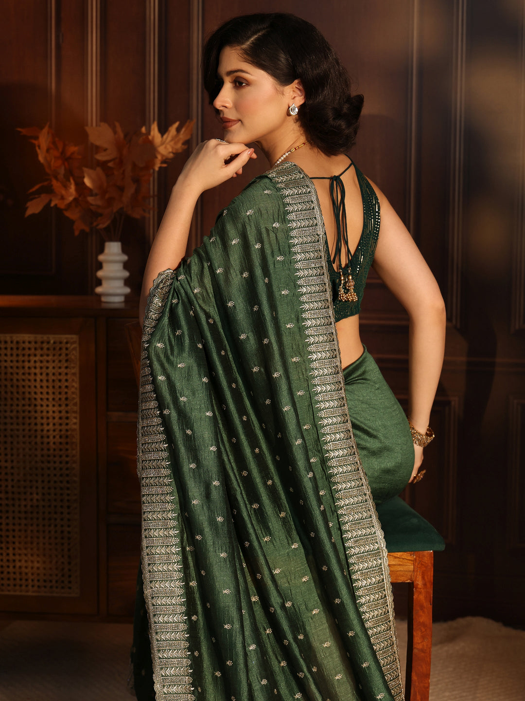  Libas Jungle Green Embellished Silk Blend Saree 