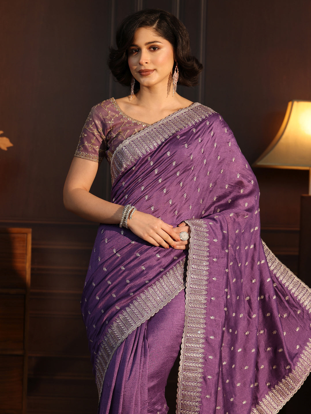  Libas Lavender Embellished Silk Blend Saree 