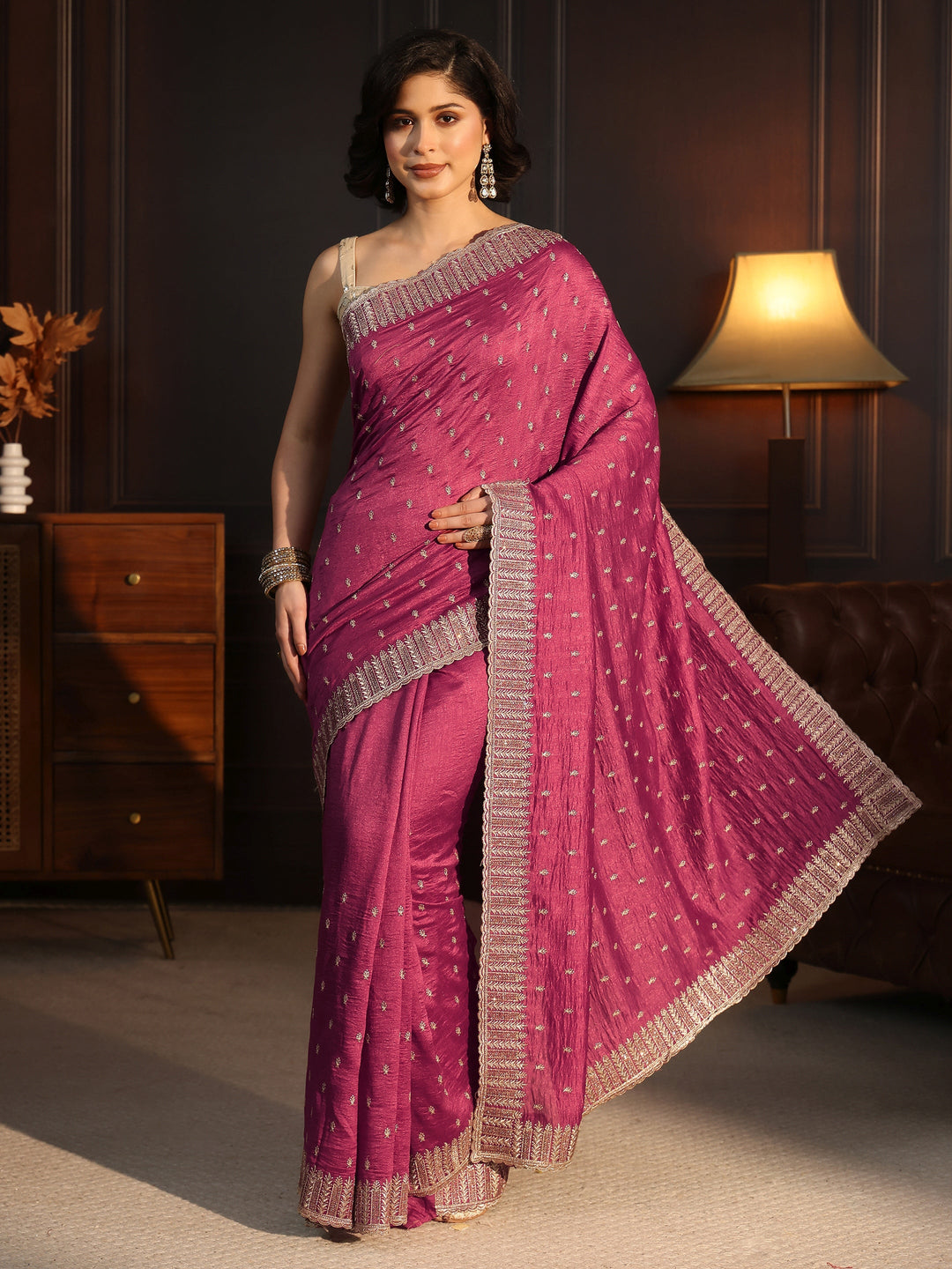  Libas Rose Pink Embellished Silk Blend Saree 
