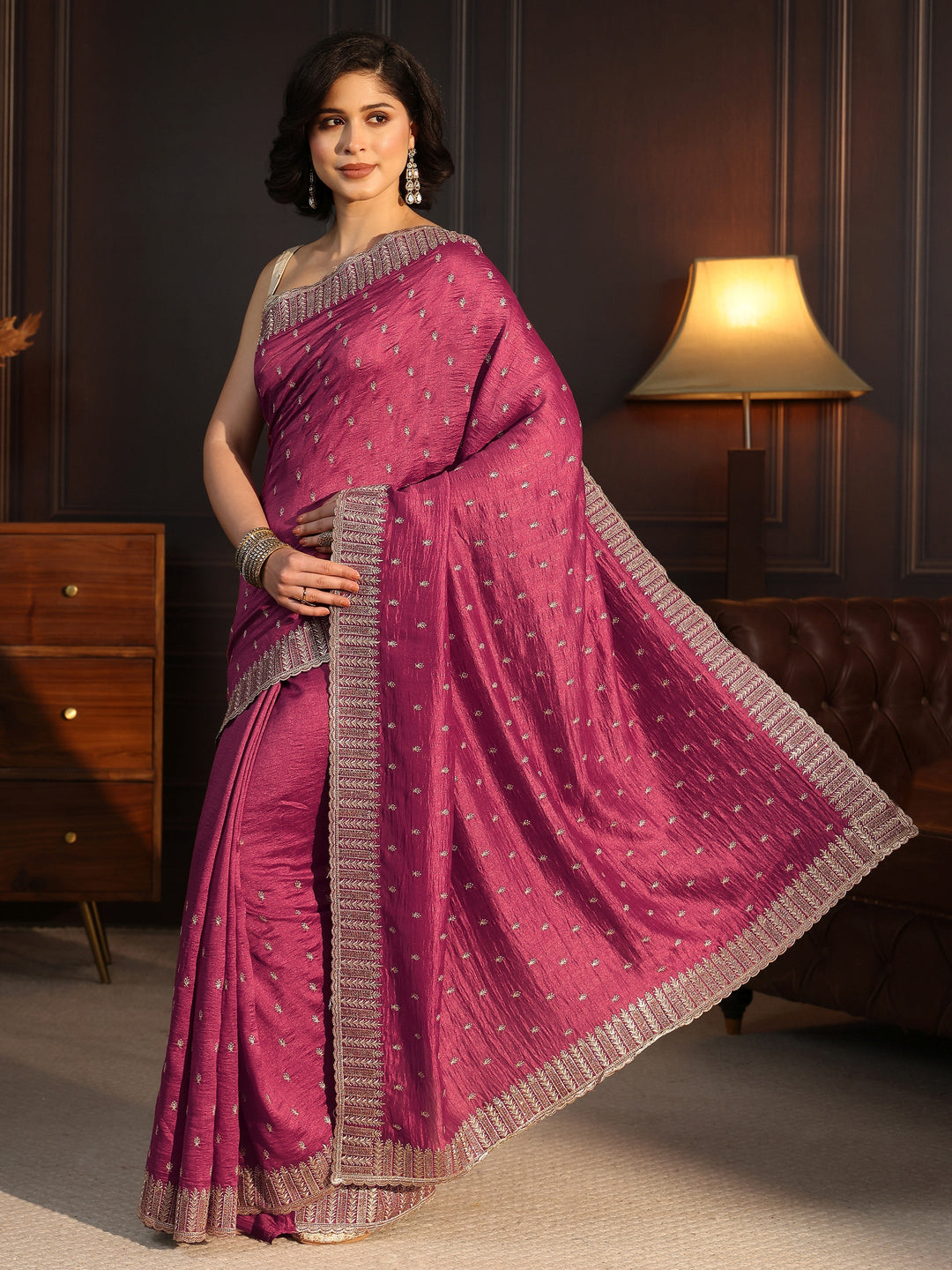  Libas Rose Pink Embellished Silk Blend Saree 