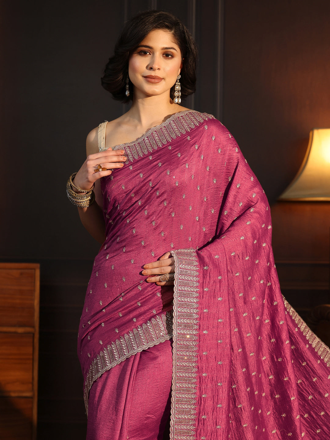  Libas Rose Pink Embellished Silk Blend Saree 