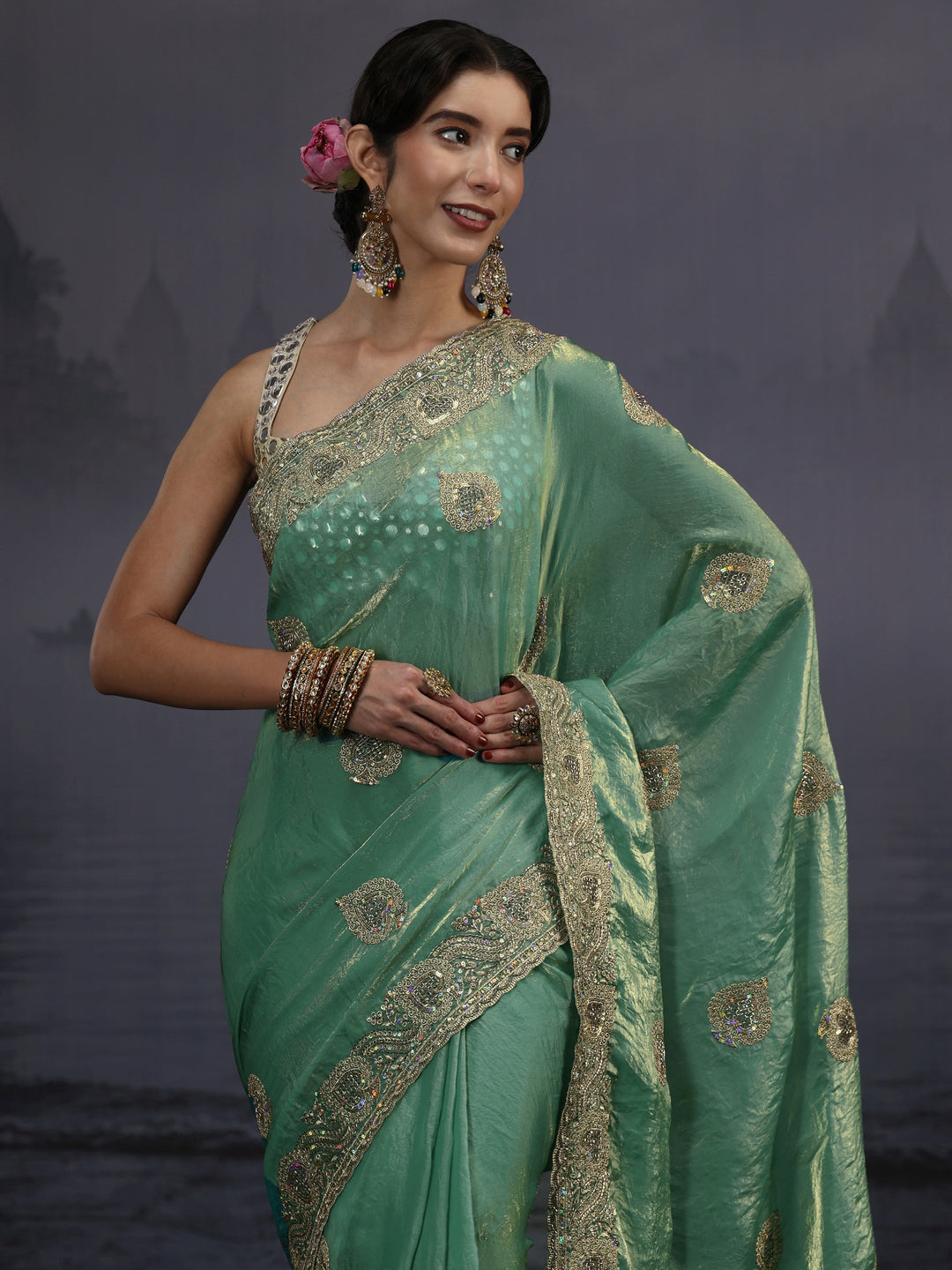  Libas Green Sequin Embellished Tissue Saree 