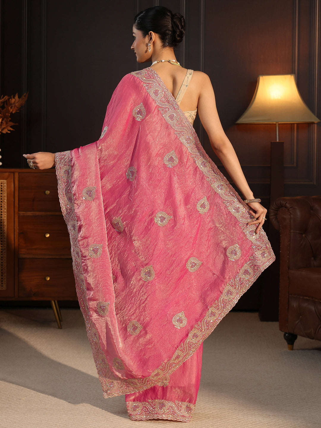  Libas Peach Sequin Embellished Tissue Saree 