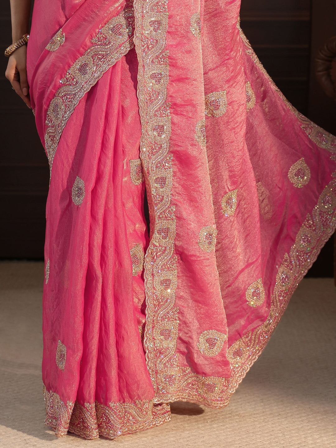  Libas Peach Sequin Embellished Tissue Saree 