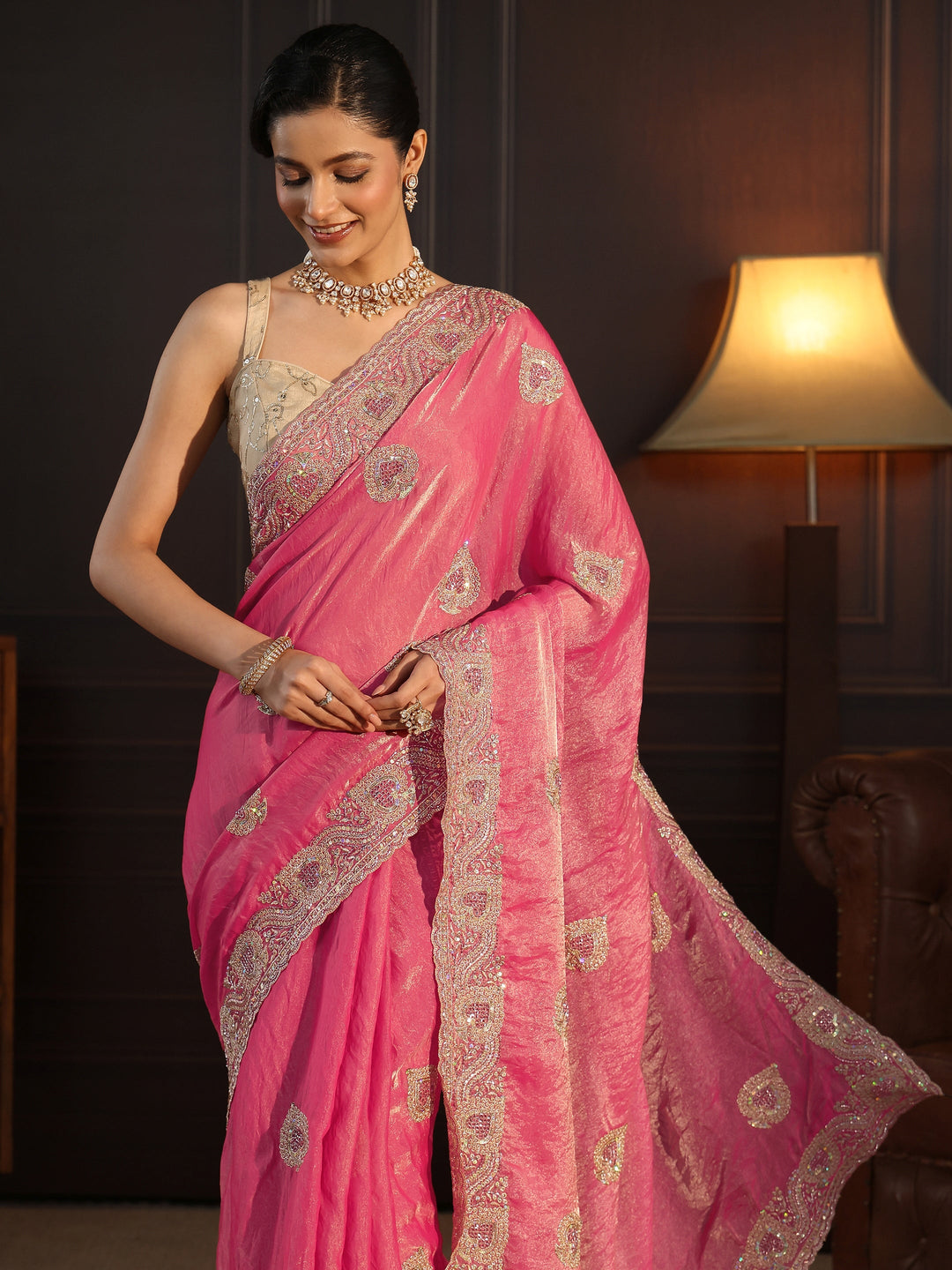  Libas Peach Sequin Embellished Tissue Saree 