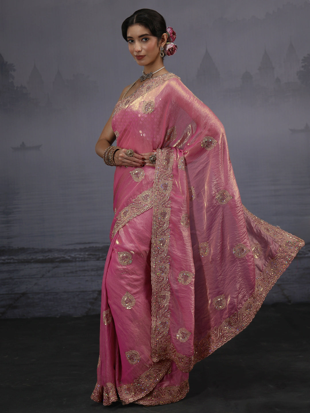  Libas Pink Sequin Embellished Tissue Saree 