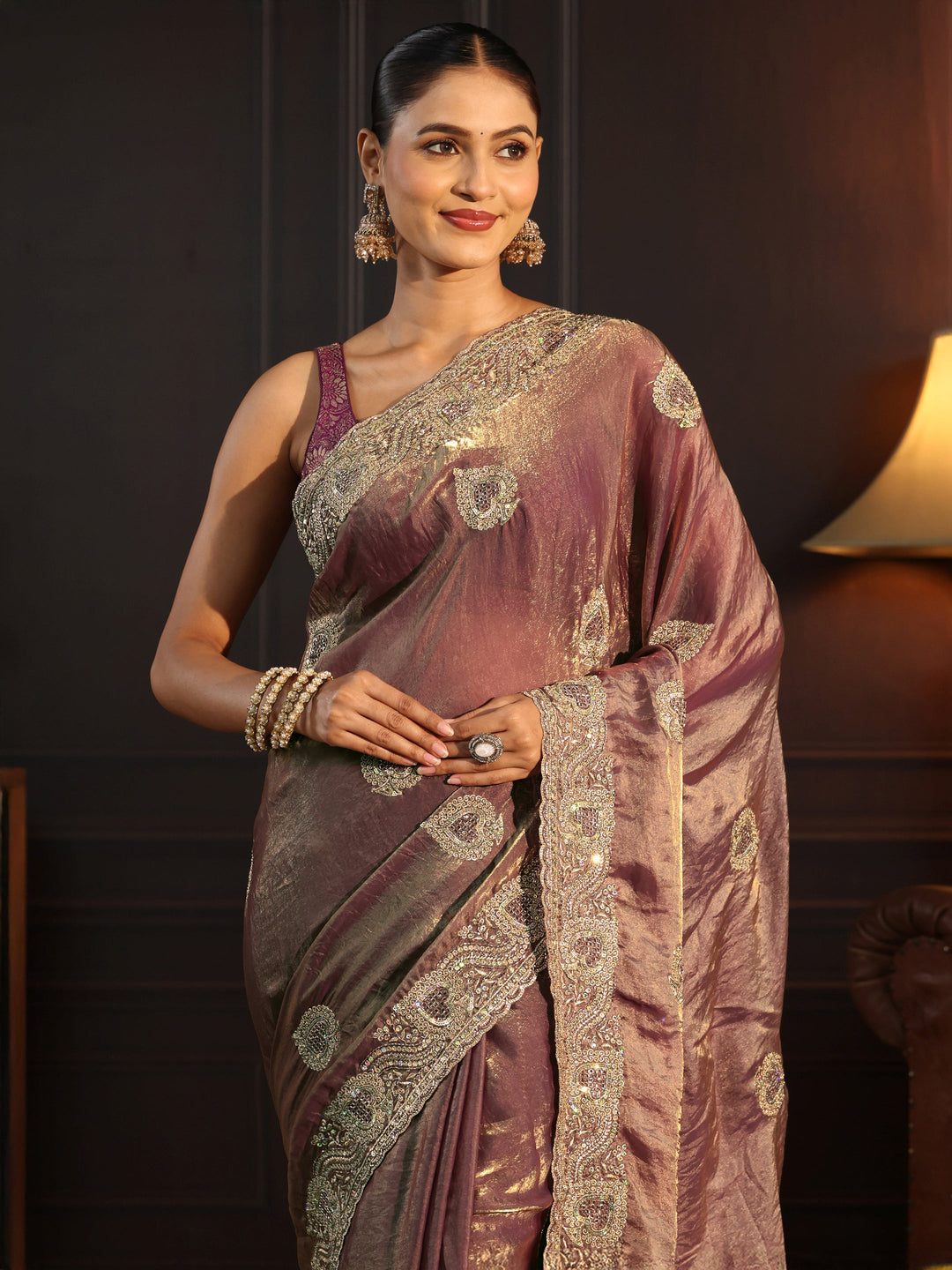  Libas Lavender Sequin Embellished Tissue Saree 