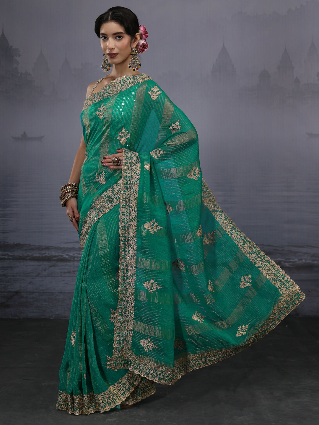  Libas Green Embroidered Georgette Saree 