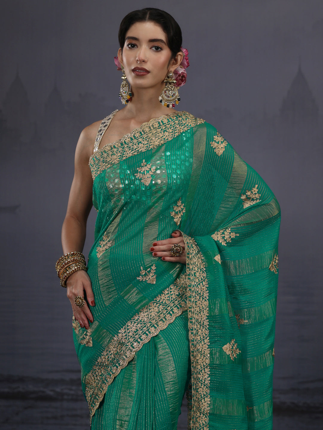  Libas Green Embroidered Georgette Saree 