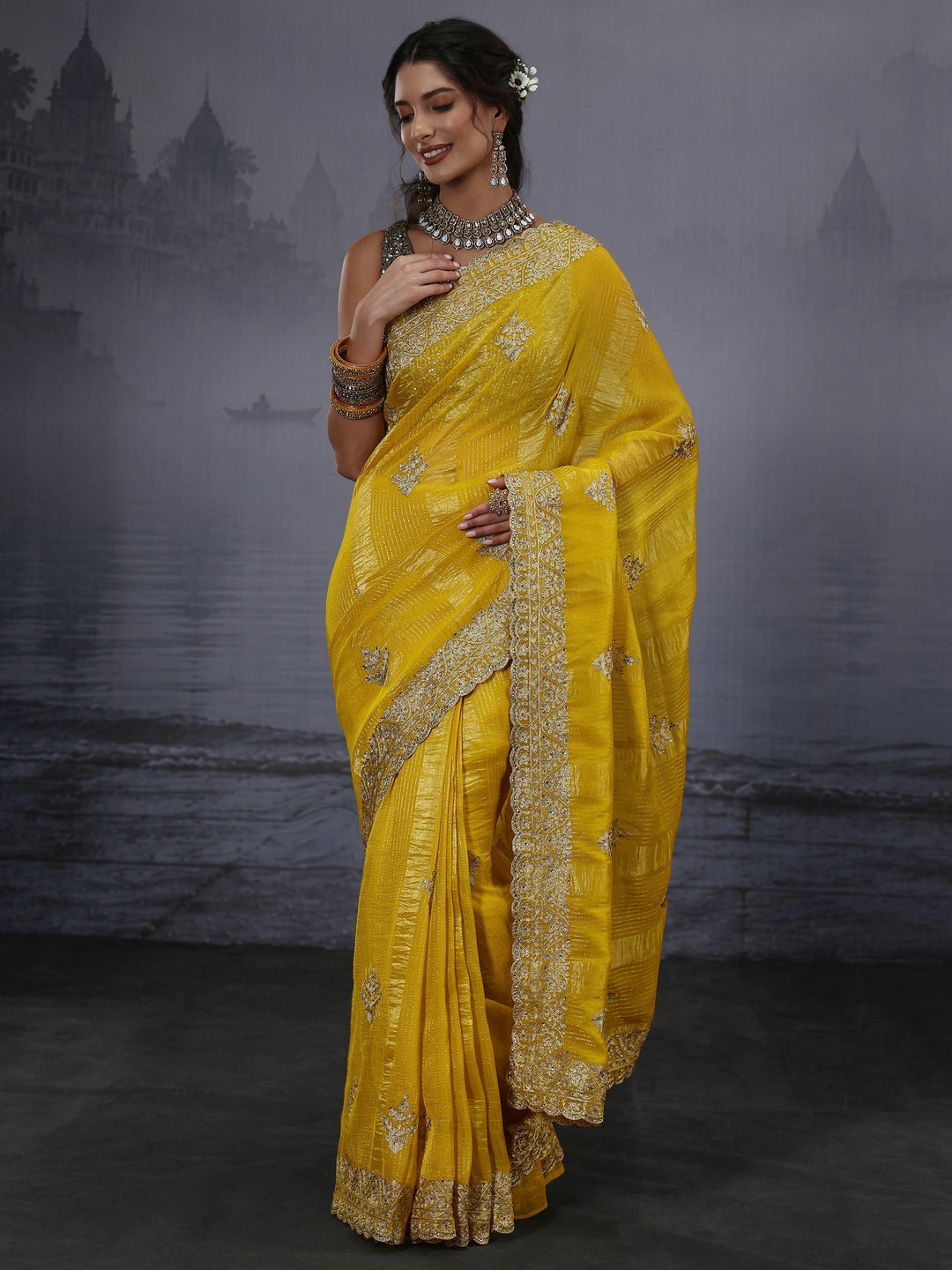  Libas Mustard Embroidered Georgette Saree 