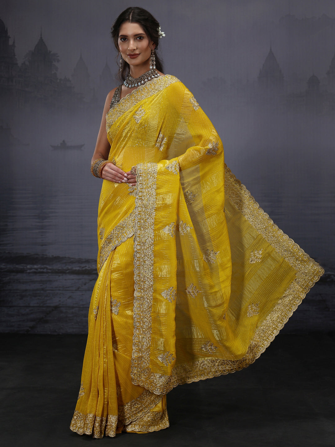  Libas Mustard Embroidered Georgette Saree 