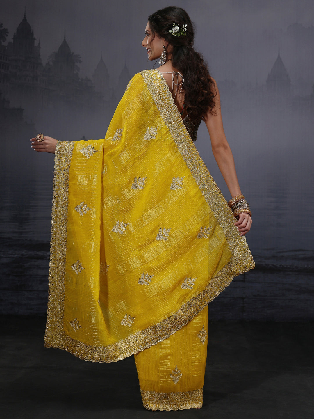  Libas Mustard Embroidered Georgette Saree 