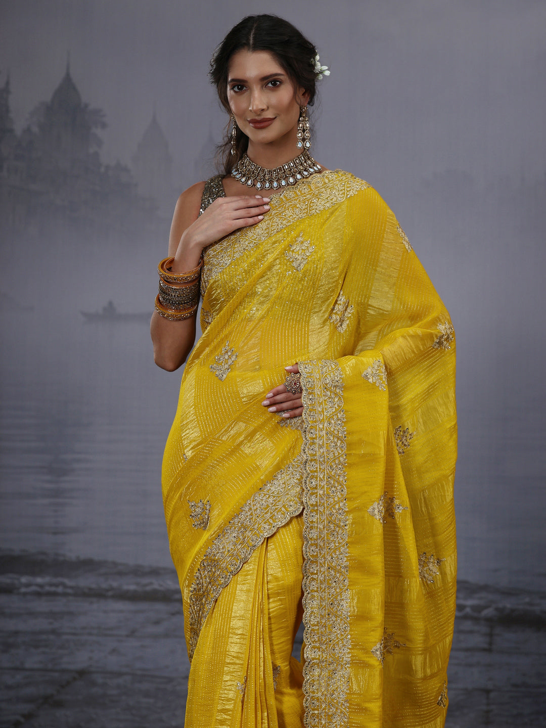  Libas Mustard Embroidered Georgette Saree 