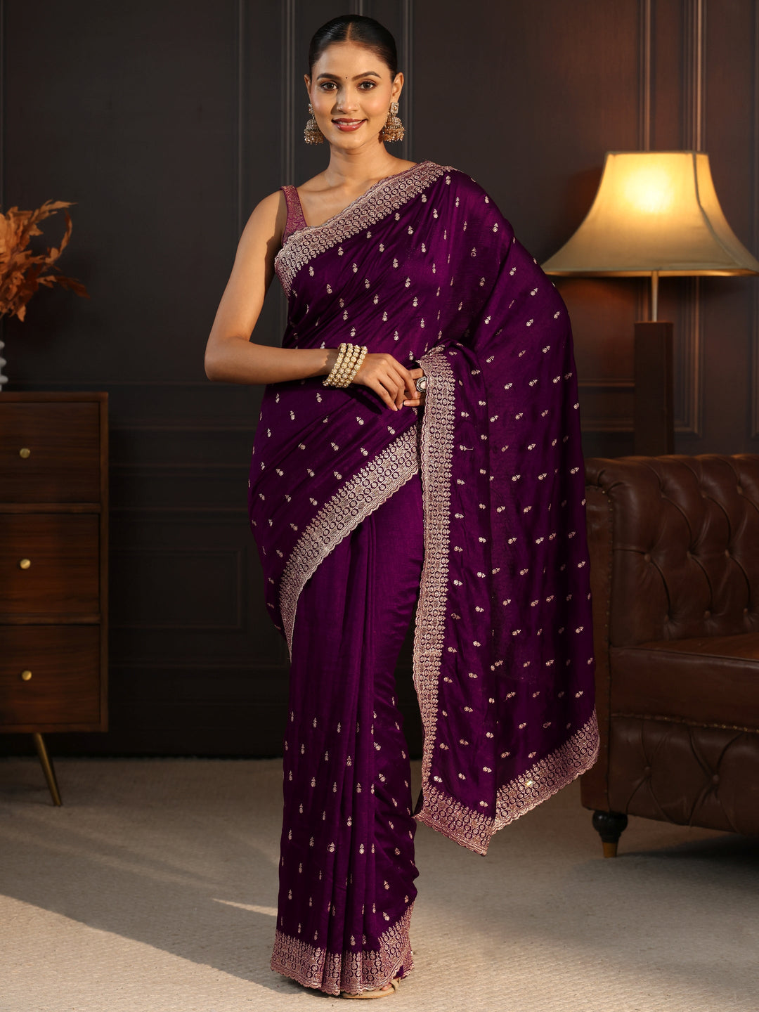  Libas Burgundy Embellished Silk Blend Saree 