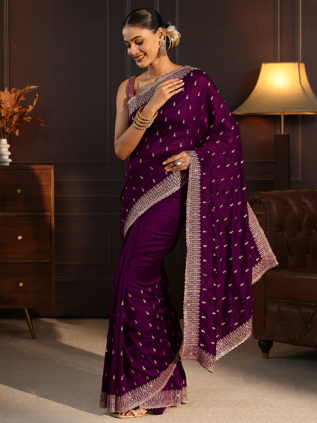  Libas Burgundy Embellished Silk Blend Saree 