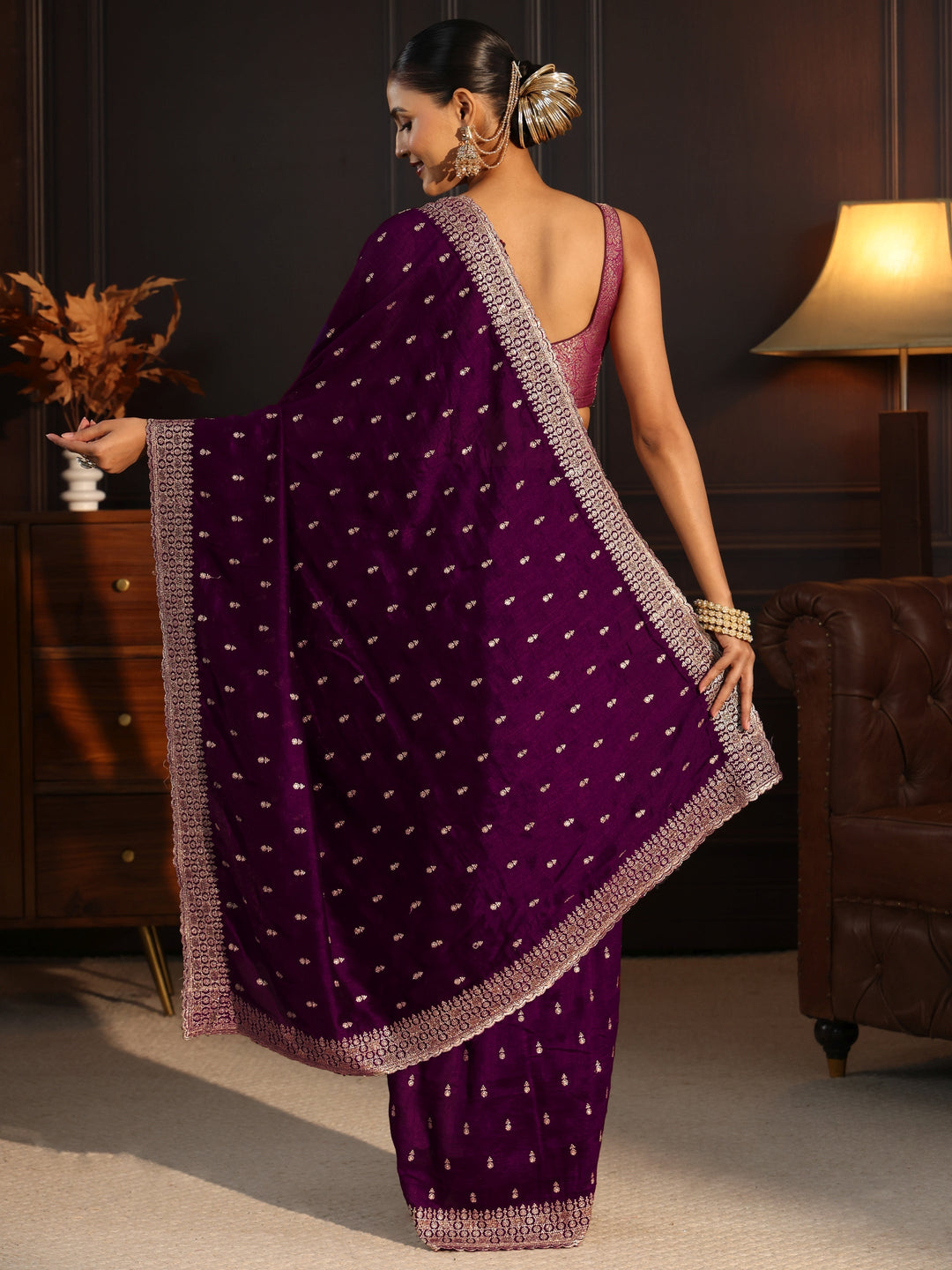  Libas Burgundy Embellished Silk Blend Saree 