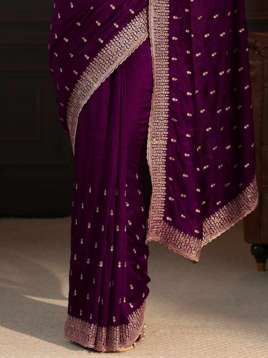  Libas Burgundy Embellished Silk Blend Saree 
