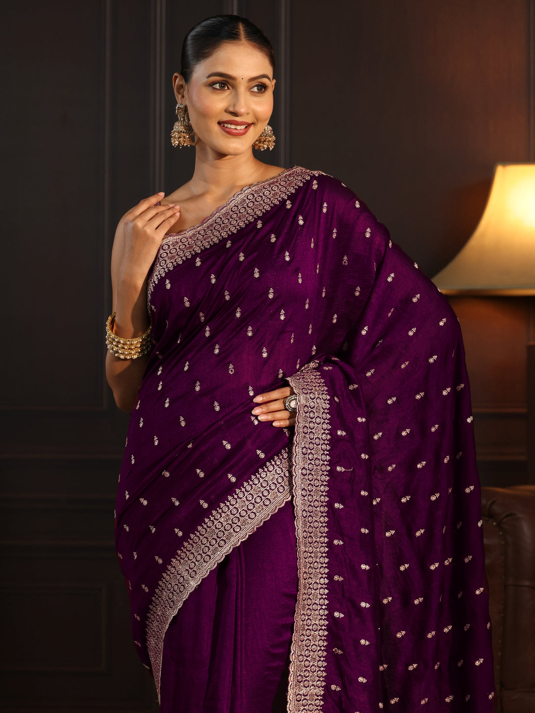  Libas Burgundy Embellished Silk Blend Saree 